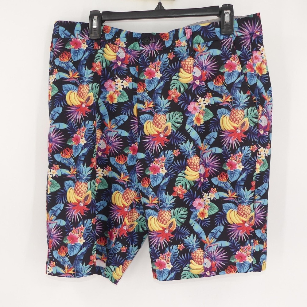Hreski Shorts Mens Large 36 Multicolor Tropical Fruit‎ Floral Polyester Stretch